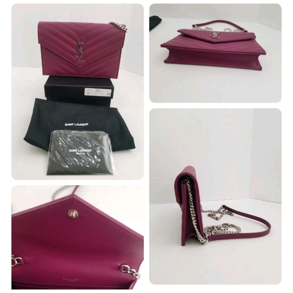 SAINT LAURENT YSL Magenta Grain Leather Chevron Envelope WOC Wallet on Chain - Picture 3 of 5